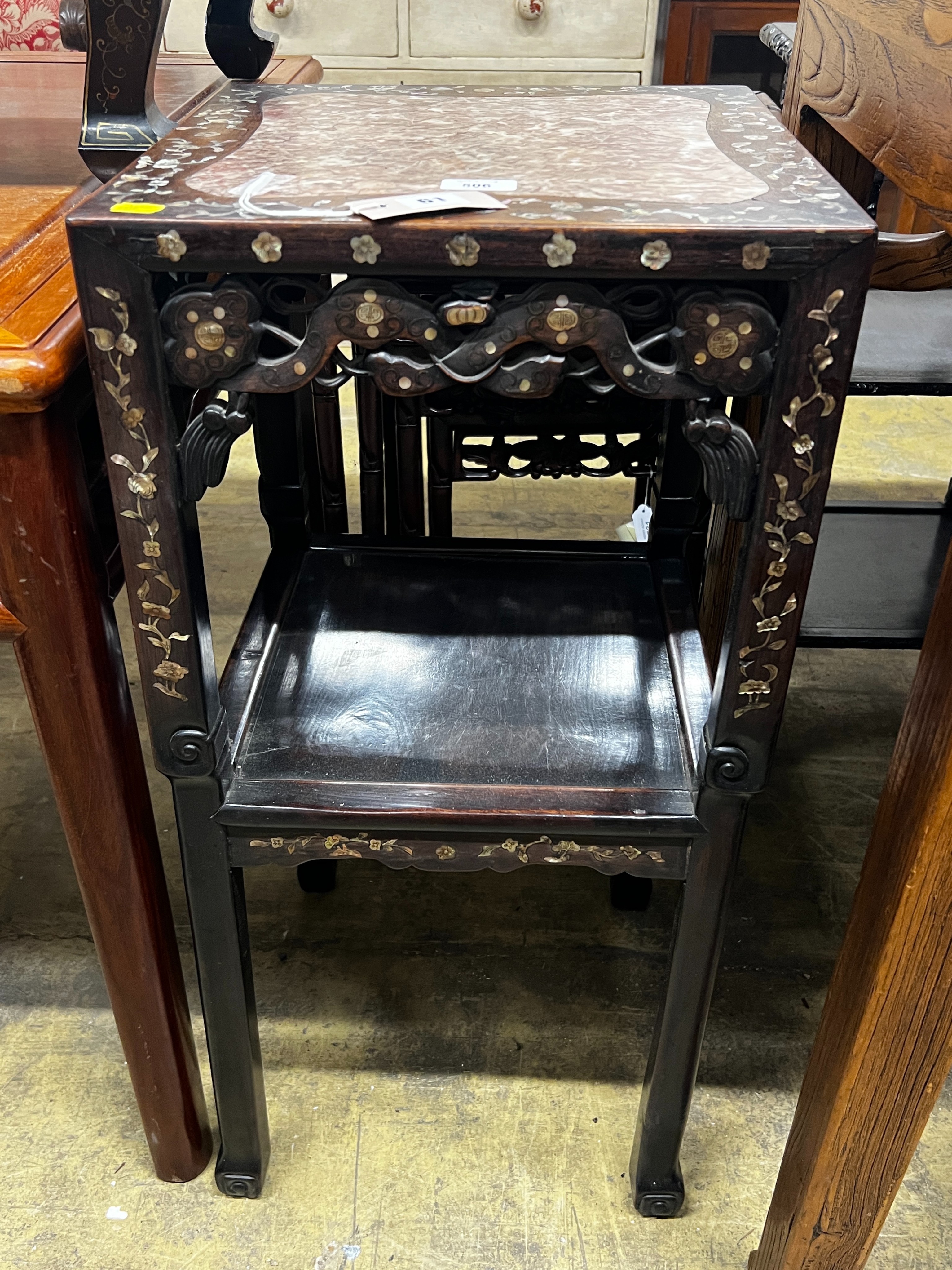 A Chinese mother of pearl inlaid square marble top hongmu two tier vase stand, width 38cm, height 80cm